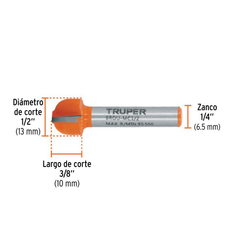 Código: 11462 Broca para router, media caña, 1/2', Truper BROU-MC1-2