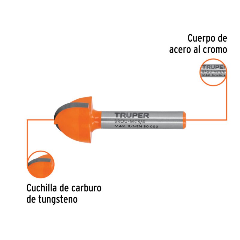 Código: 11463 Broca para router, media caña, 3/4', Truper BROU-MC3-4