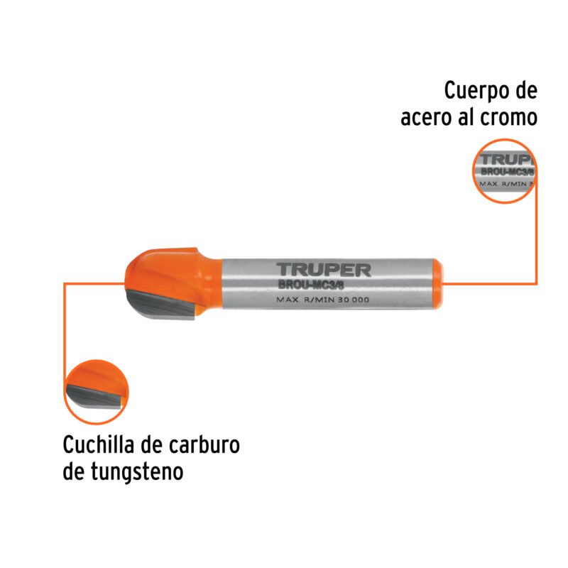 BROU-MC3-8FC1.jpg Código: 11461 Broca para router, media caña, 3/8', Truper BROU-MC3-8