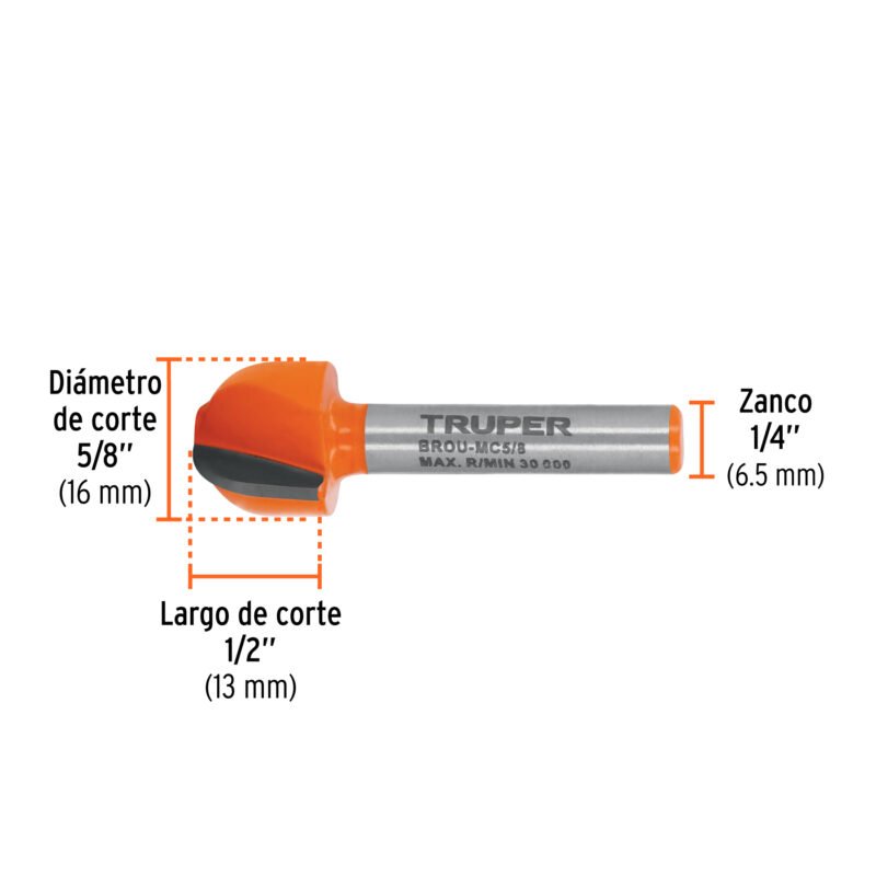 Código: 102722 Broca para router, media caña, 5/8', Truper BROU-MC5-8