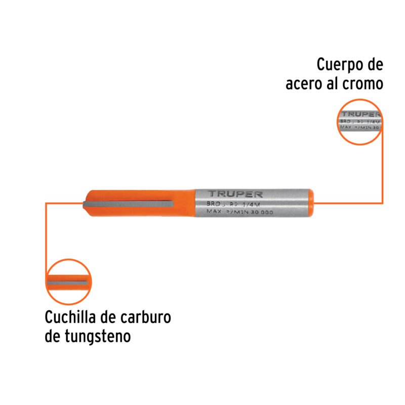 BROU-R2-1-4MFC1.jpg Código: 11452 Broca para router, recta 2 filos, 1/4', mediana, Truper BROU-R2-1-4M