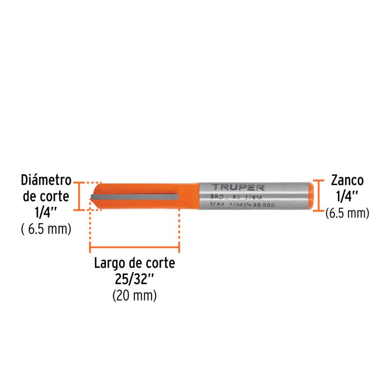 BROU-R2-1-4MFC2.jpg Código: 11452 Broca para router, recta 2 filos, 1/4', mediana, Truper BROU-R2-1-4M