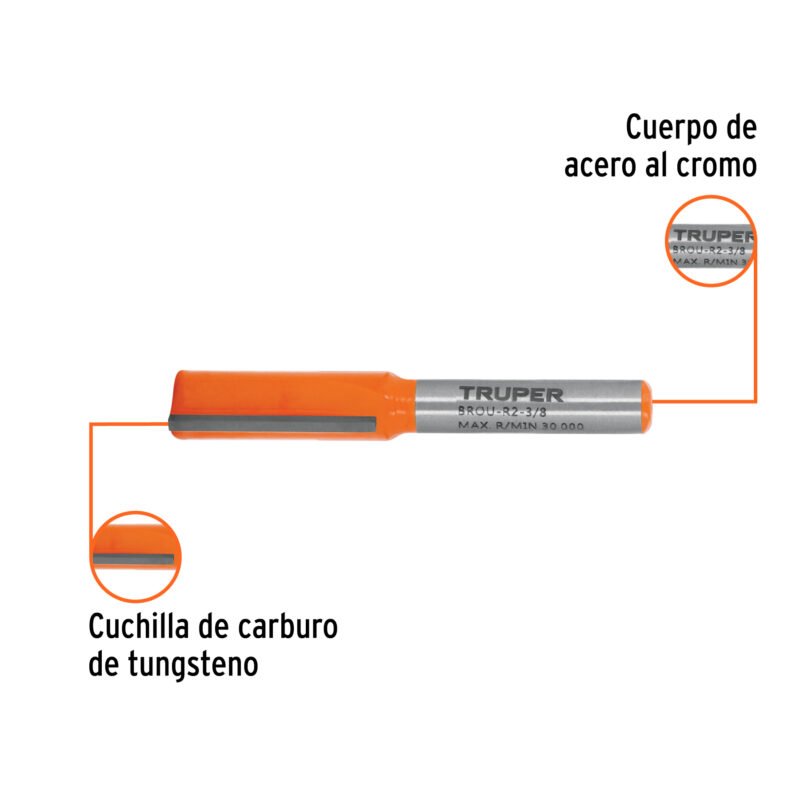 BROU-R2-3-8FC1.jpg Código: 11455 Broca para router, recta 2 filos, 3/8', Truper BROU-R2-3-8