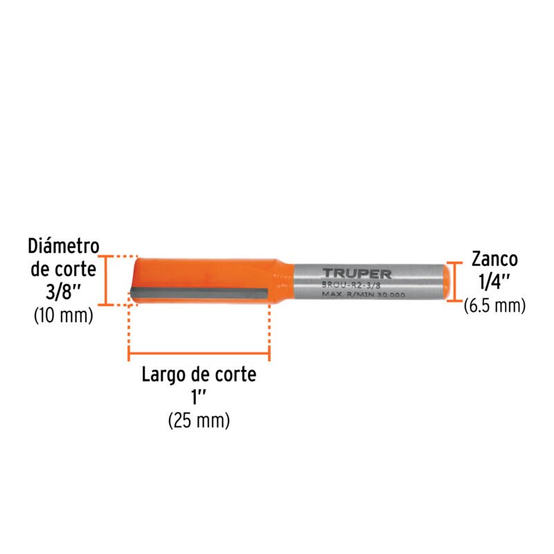 BROU-R2-3-8FC2.jpg Código: 11455 Broca para router, recta 2 filos, 3/8', Truper BROU-R2-3-8