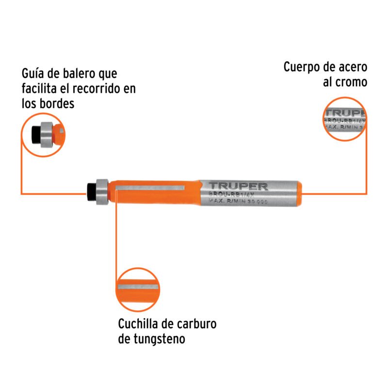 BROU-RB1-4XFC1.jpg Código: 102720 Broca para router, corte recto, 1/4' con balero, Truper BROU-RB1-4X
