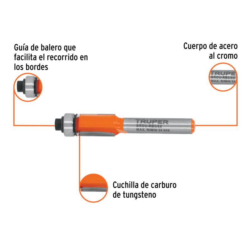 BROU-RB3-8XFC1.jpg Código: 102721 Broca para router, corte recto, 3/8' con balero, Truper BROU-RB3-8X