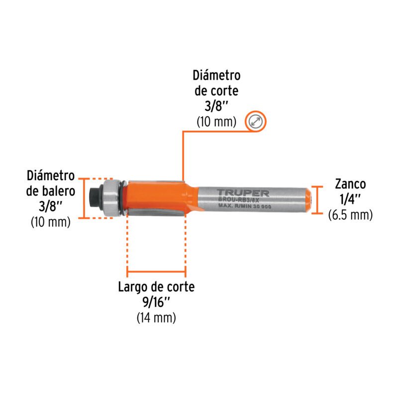 BROU-RB3-8XFC2.jpg Código: 102721 Broca para router, corte recto, 3/8' con balero, Truper BROU-RB3-8X