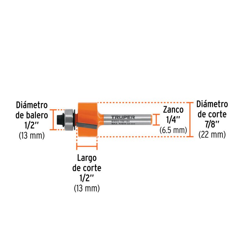 BROU-RB7-8XFC2.jpg Código: 102724 Broca para router, rebajado, 7/8' con balero, Truper BROU-RB7-8X