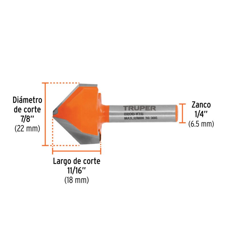 Código: 11467 Broca para router, corte en 'V', 7/8', Truper BROU-V7-8