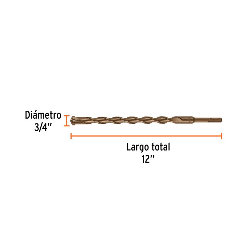 BS-3-4X12FC2.jpg Código: 11287 Broca SDS Plus 3/4 x 12', Truper BS-3-4X12