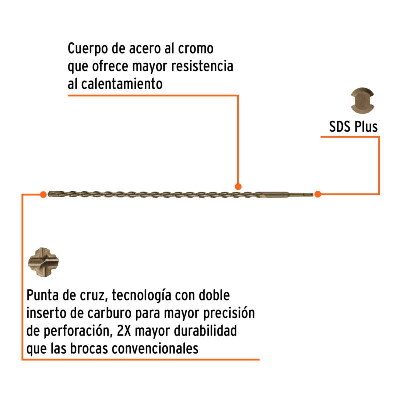 BS-5-8X24FC1.jpg Código: 11276 Broca SDS Plus 5/8 x 24', Truper BS-5-8X24
