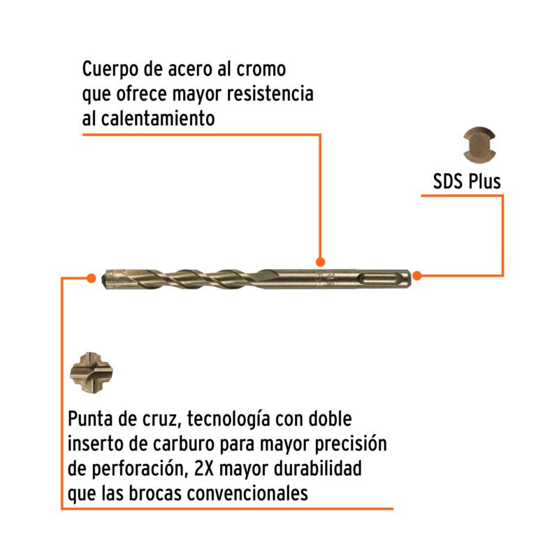BS-7-16X6FC1.jpg Código: 11278 Broca SDS Plus 7/16 x 6', Truper BS-7-16X6