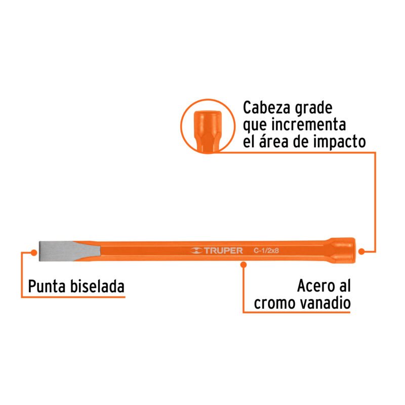 C-1-2X8FC1.jpg Código: 12118 Cincel de corte frío de 1/2 X 8', Truper C-1-2X8