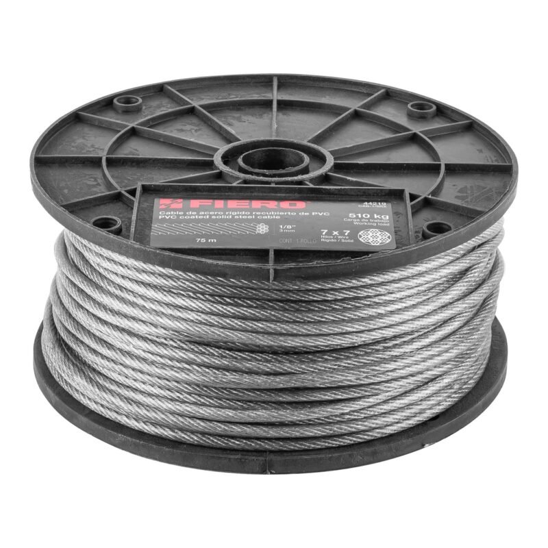 CAB-1-8RX.jpg Código: 44219 Metro de cable rígido 1/8' acero 7x7 recubierto PVC, 75 m CAB-1-8RX
