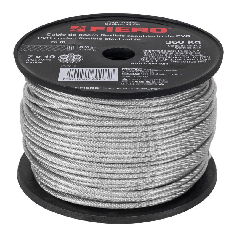 CAB-3-32FX.jpg Código: 44226 Metro cable flexible 3/32' acero 7x19 recubierto PVC, 75 m CAB-3-32FX