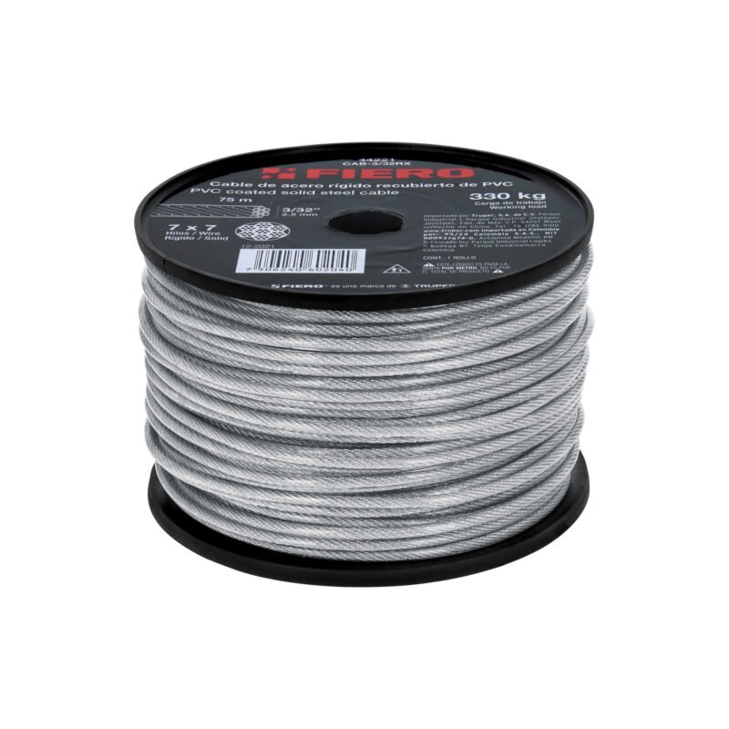 CAB-3-32RX.jpg Código: 44221 Metro de cable rígido 3/32' acero 7x7 recubierto PVC, 75 m CAB-3-32RX