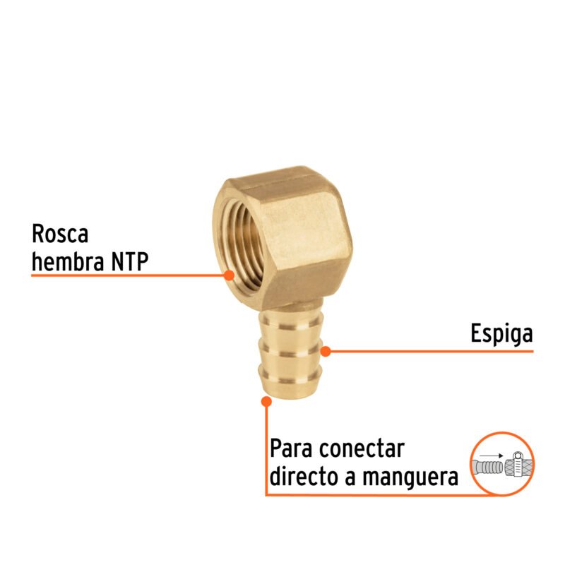 CLG-521EFC1.jpg Código: 45881 Codo estufa a 90° de latón con espiga de 3/8', Foset CLG-521E