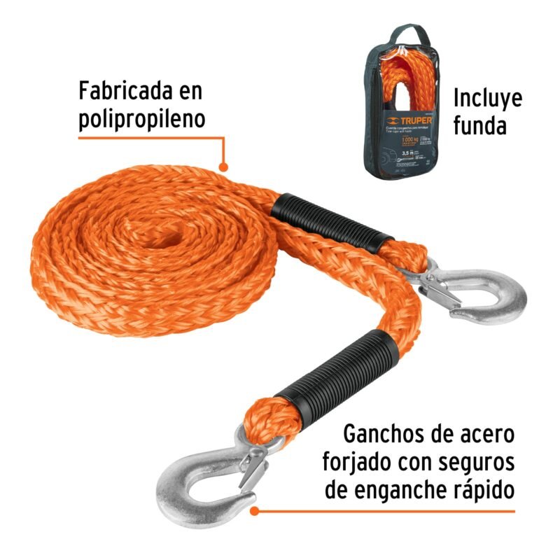 Código: 18345 Cuerda con ganchos para remolque, 22 mm x 3.5 m, Truper CREM-5-8X35