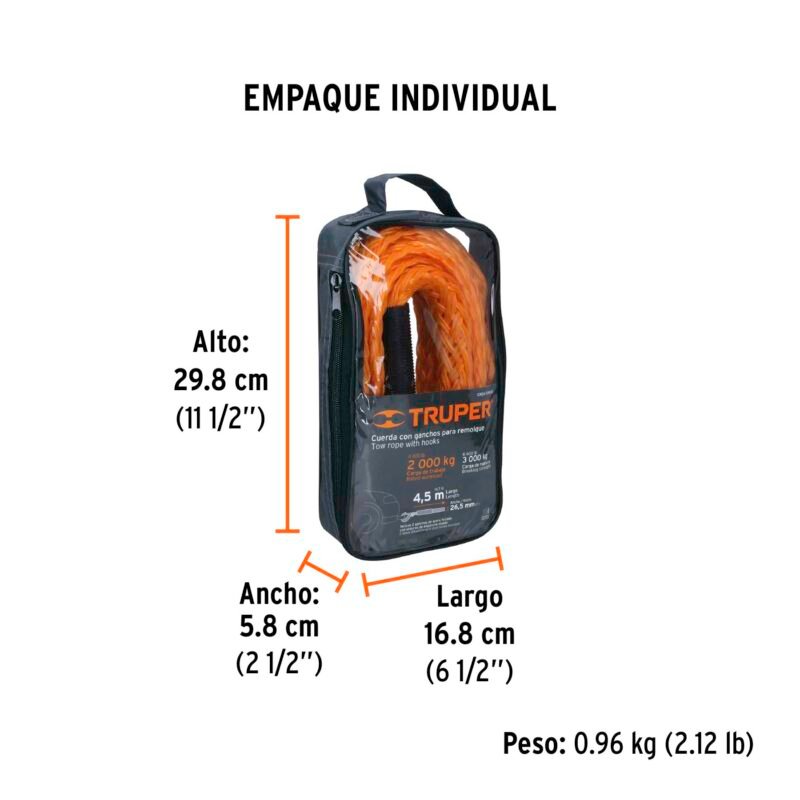Código: 18346 Cuerda con ganchos para remolque, 27 mm x 4.5 m, Truper CREM-7-8X45