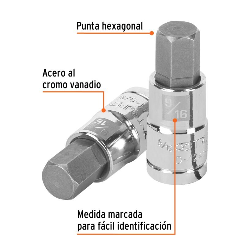 Código: 13256 Dado punta hexagonal de 9/16', cuadro 1/2', Truper D-1241-9-16