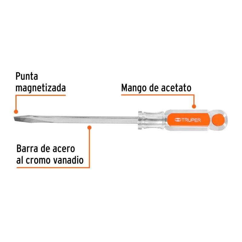 Código: 14104 Desarmador plano barra 5/16 x 6' cuadrada mango acetato DC-5-16X6