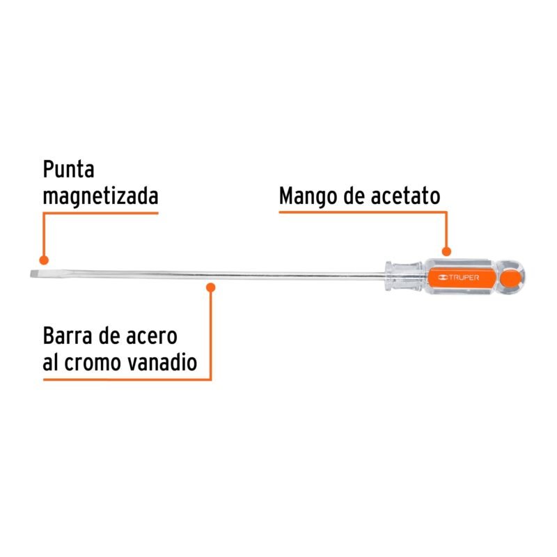 Código: 14044 Desarmador cabinet 1/4' x 10' mango de acetato, Truper DG-1-4X10