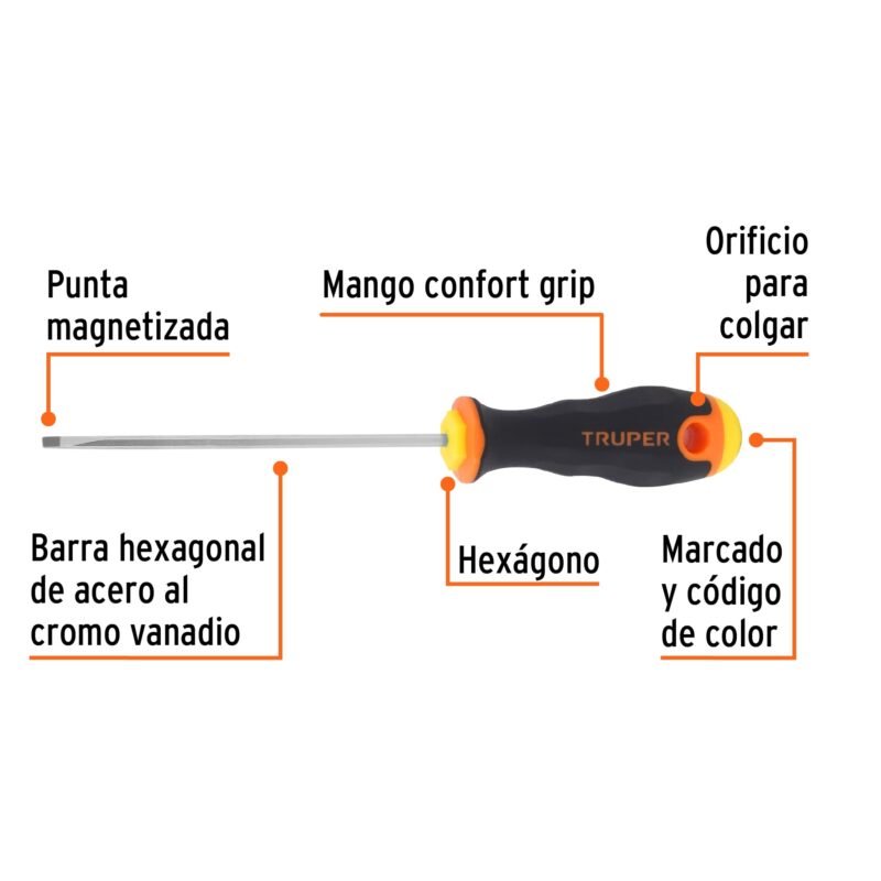 Código: 14019 Desarmador cabinet 1/8' x 4' mango Comfort Grip, Truper DG-1-8X4B