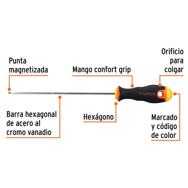 Código: 14025 Desarmador cabinet 1/8' x 6' mango Comfort Grip, Truper DG-1-8X6B