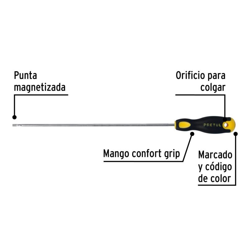 Código: 21488 Desarmador cabinet 1/8 x 8' mango Comfort Grip, Pretul DG-1-8X8BP
