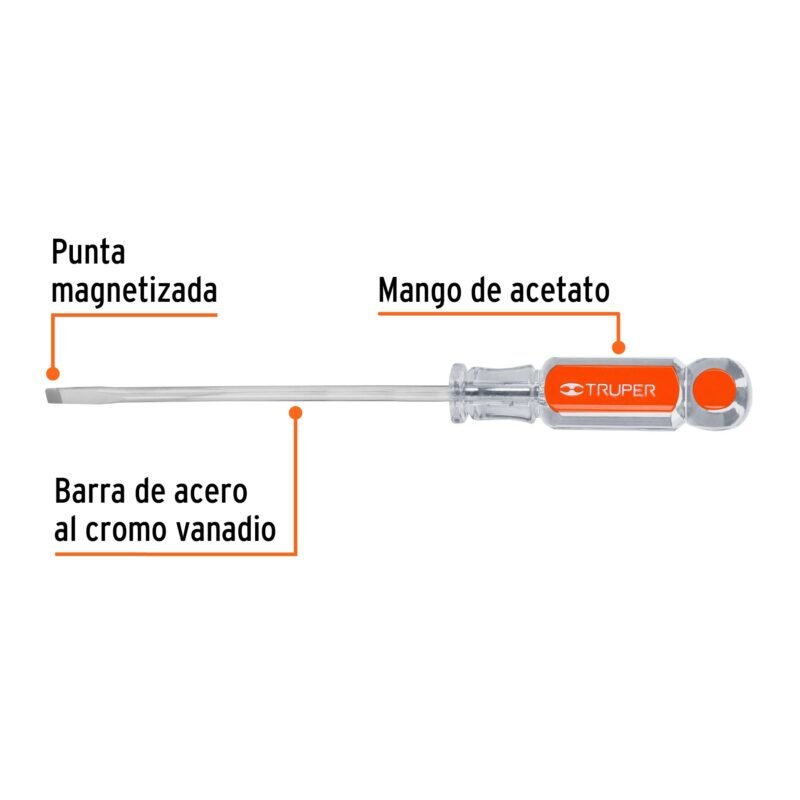 Código: 14035 Desarmador cabinet 3/16' x 5' mango de acetato, Truper DG-3-16X5
