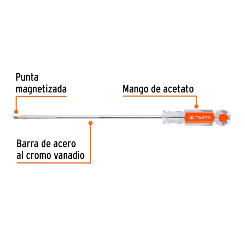 Código: 14041 Desarmador cabinet 3/16' x 8' mango de acetato, Truper DG-3-16X8