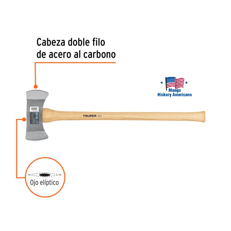 DHM-3-1-2MFC1.jpg Código: 14964 Hacha doble Michigan 3-1/2 lbs, mango de hickory 35', Truper DHM-3-1-2M