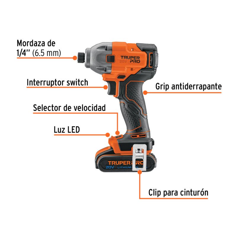 DIMI-20A2FC1.jpg Código: 103253 Destornillador de impacto 1/4', 20V, 1 batería 2Ah, PRO DIMI-20A2