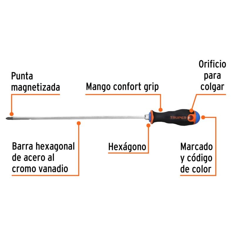 DP-1-4X12BFC1.jpg Código: 100838 Desarmador de cruz 1/4' x 12' mango Comfort Grip, Truper DP-1-4X12B
