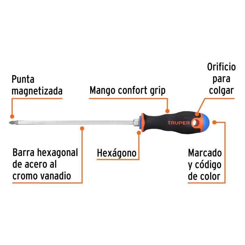 Código: 14082 Desarmador de cruz 1/4' x 8' mango Comfort Grip, Truper DP-1-4X8B