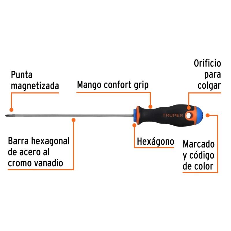Código: 14058 Desarmador de cruz 1/8' x 6' mango Comfort Grip, Truper DP-1-8X6B