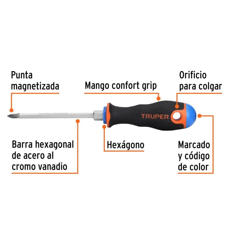 Código: 100836 Desarmador de cruz 3/16' x 4' mango Comfort Grip, Truper DP-3-16X4B