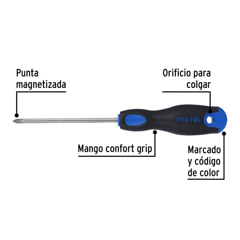 Código: 21495 Desarmador de cruz 3/16' x 4' mango Comfort Grip, Pretul DP-3-16X4BP