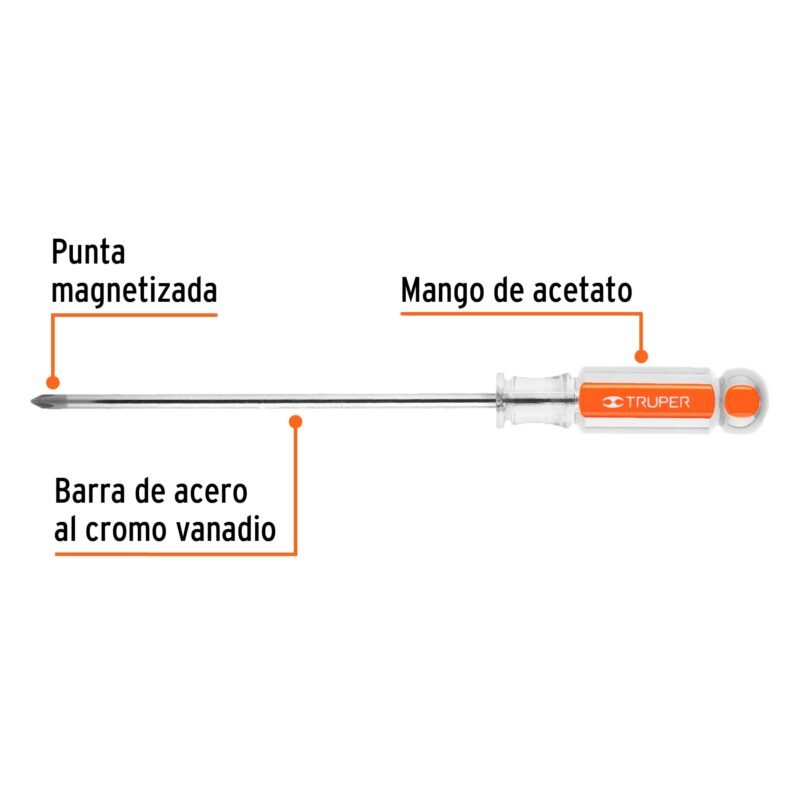 Código: 14065 Desarmador de cruz 3/16' x 6' mango de acetato, Truper DP-3-16X6