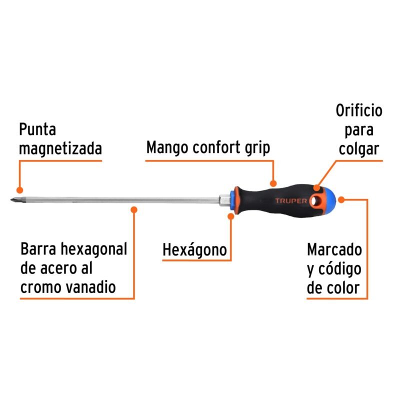 Código: 14070 Desarmador de cruz 3/16' x 8' mango Comfort Grip, Truper DP-3-16X8B