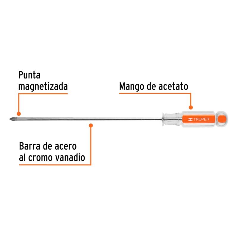 Código: 14068 Desarmador de cruz 3/16' x 8' mango de acetato, Truper DP-3-16X8