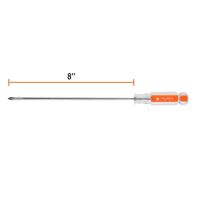 Código: 14068 Desarmador de cruz 3/16' x 8' mango de acetato, Truper DP-3-16X8