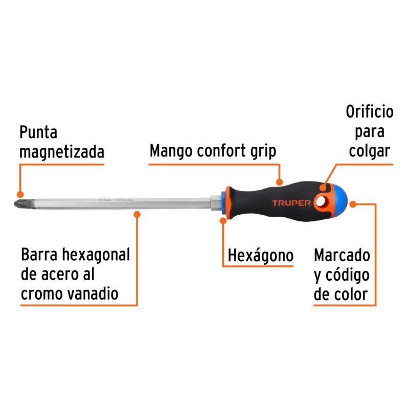 DP-3-8X8BFC1.jpg Código: 100839 Desarmador de cruz 3/8' x 8' mango Comfort Grip, Truper DP-3-8X8B