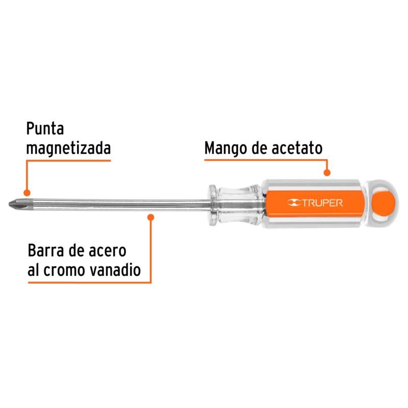 Código: 14083 Desarmador de cruz 5/16' x 6' mango de acetato, Truper DP-5-16X6