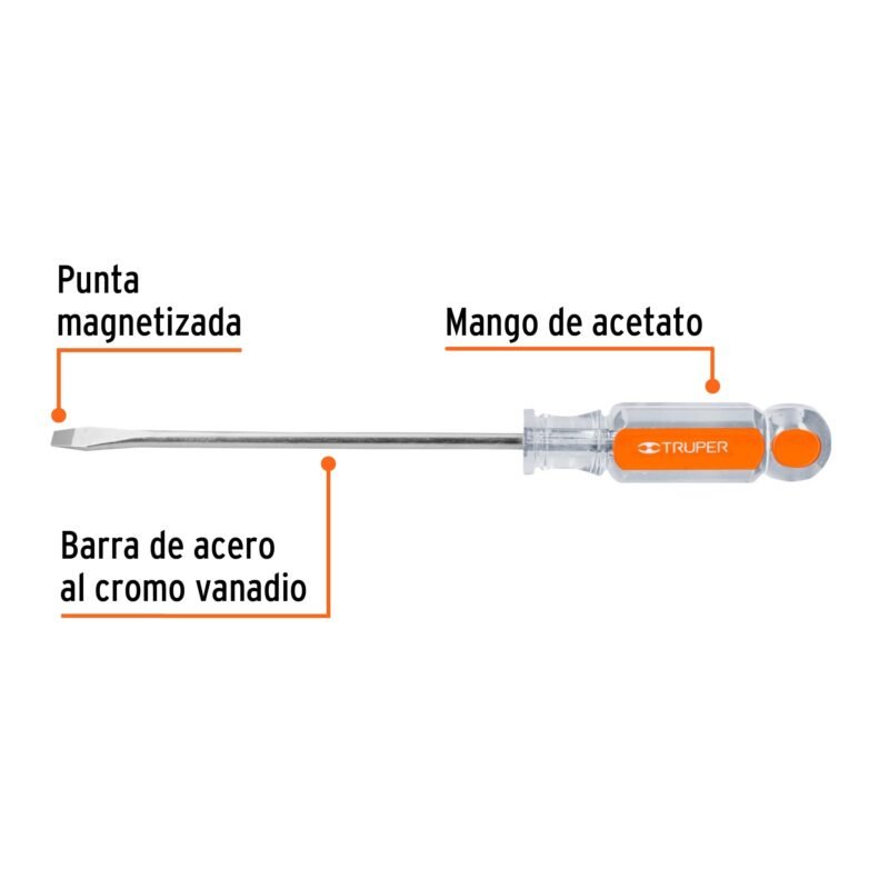 Código: 13999 Desarmador plano 1/4' x 6' mango de acetato, Truper DR-1-4X6