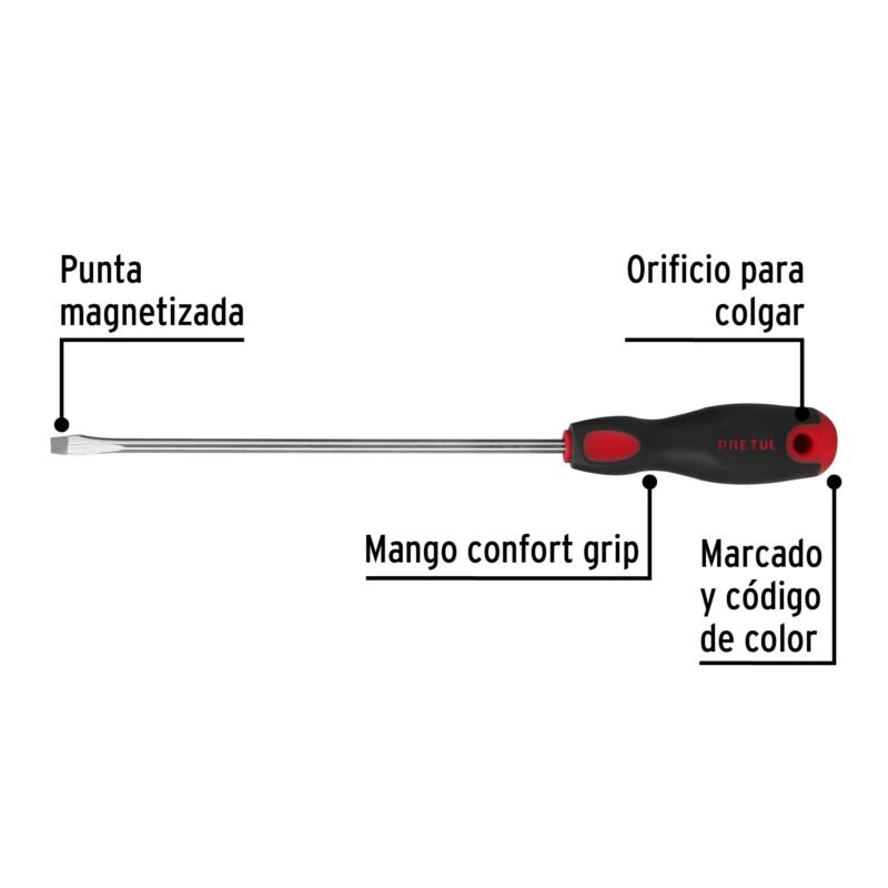 Código: 21482 Desarmador plano 1/4' x 8'mango Comfort Grip, Pretul DR-1-4X8BP