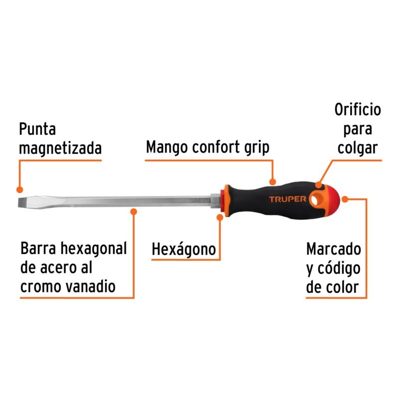 Código: 100834 Desarmador plano 3/8' x 8' mango Comfort Grip, Truper DR-3-8X8B