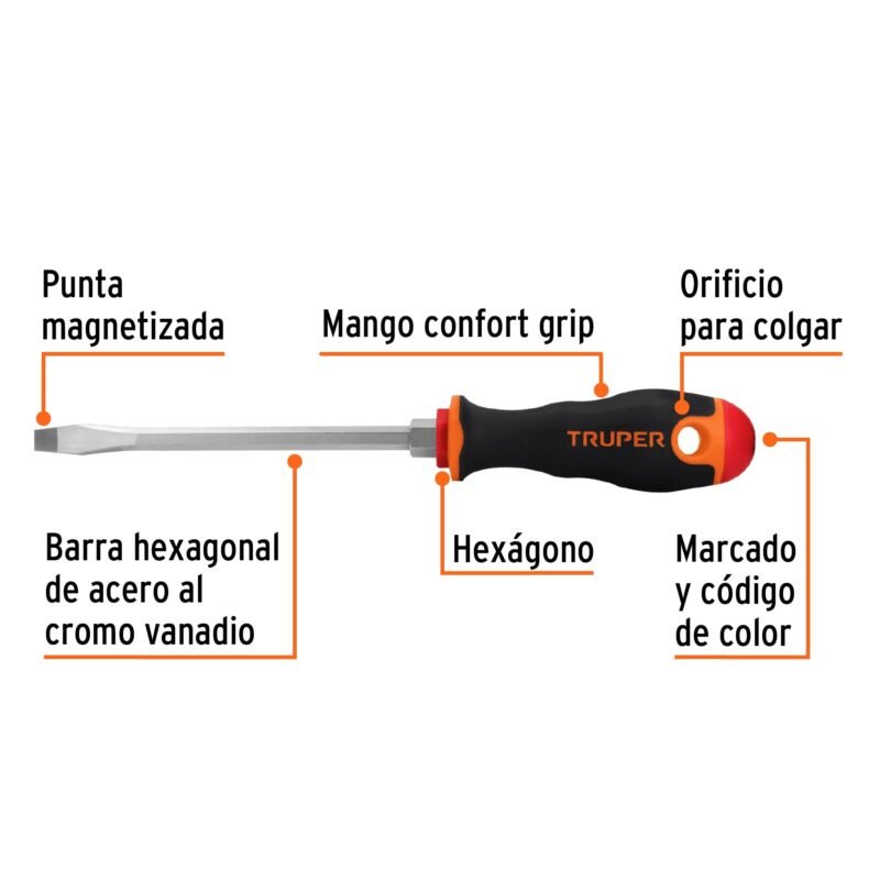 Código: 14006 Desarmador plano 5/16' x 6' mango Comfort Grip, Truper DR-5-16X6B