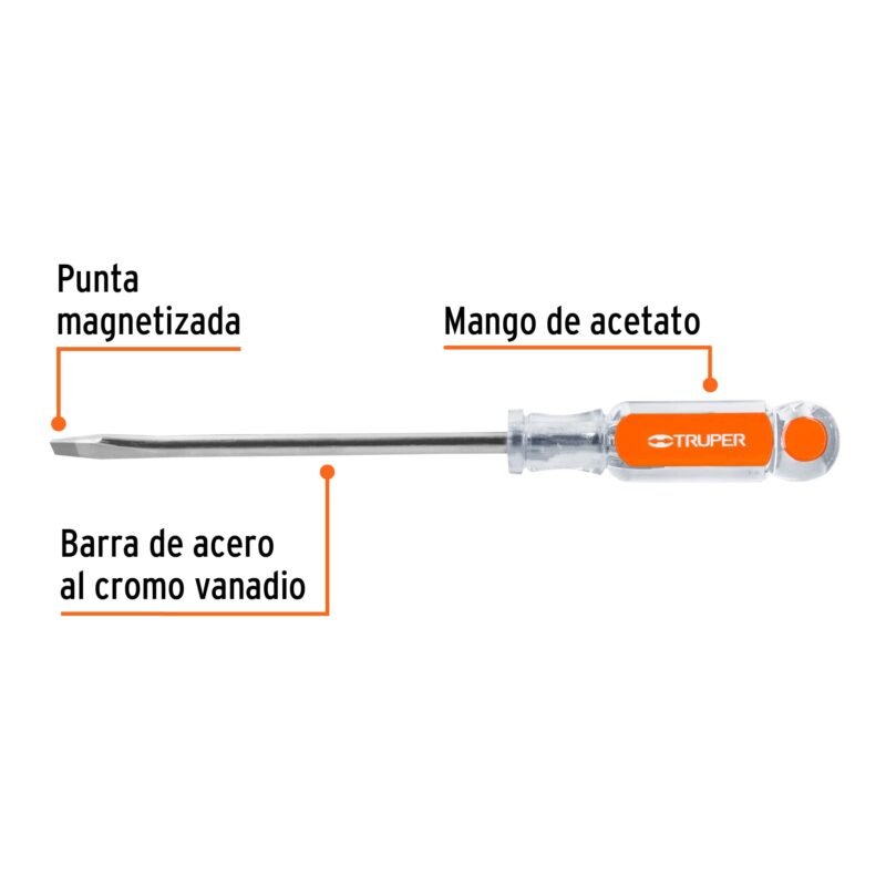 Código: 14002 Desarmador plano 5/16' x 6' mango de acetato, Truper DR-5-16X6