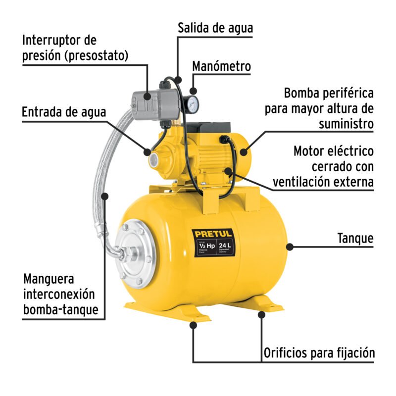 HIDR-1-2X24PFC1.jpg Código: 20183 Equipo hidroneumático 24L, bomba periférica 1/2 HP, Pretul HIDR-1-2X24P